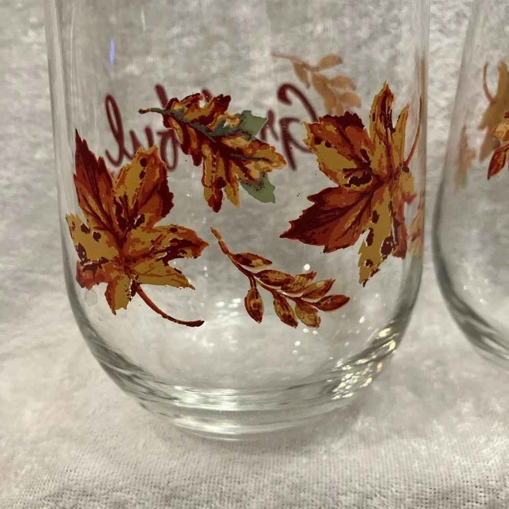 Thanksgiving Fall Leaves Stemless Wine Water Glasses GRATEFUL Table Barware (4)